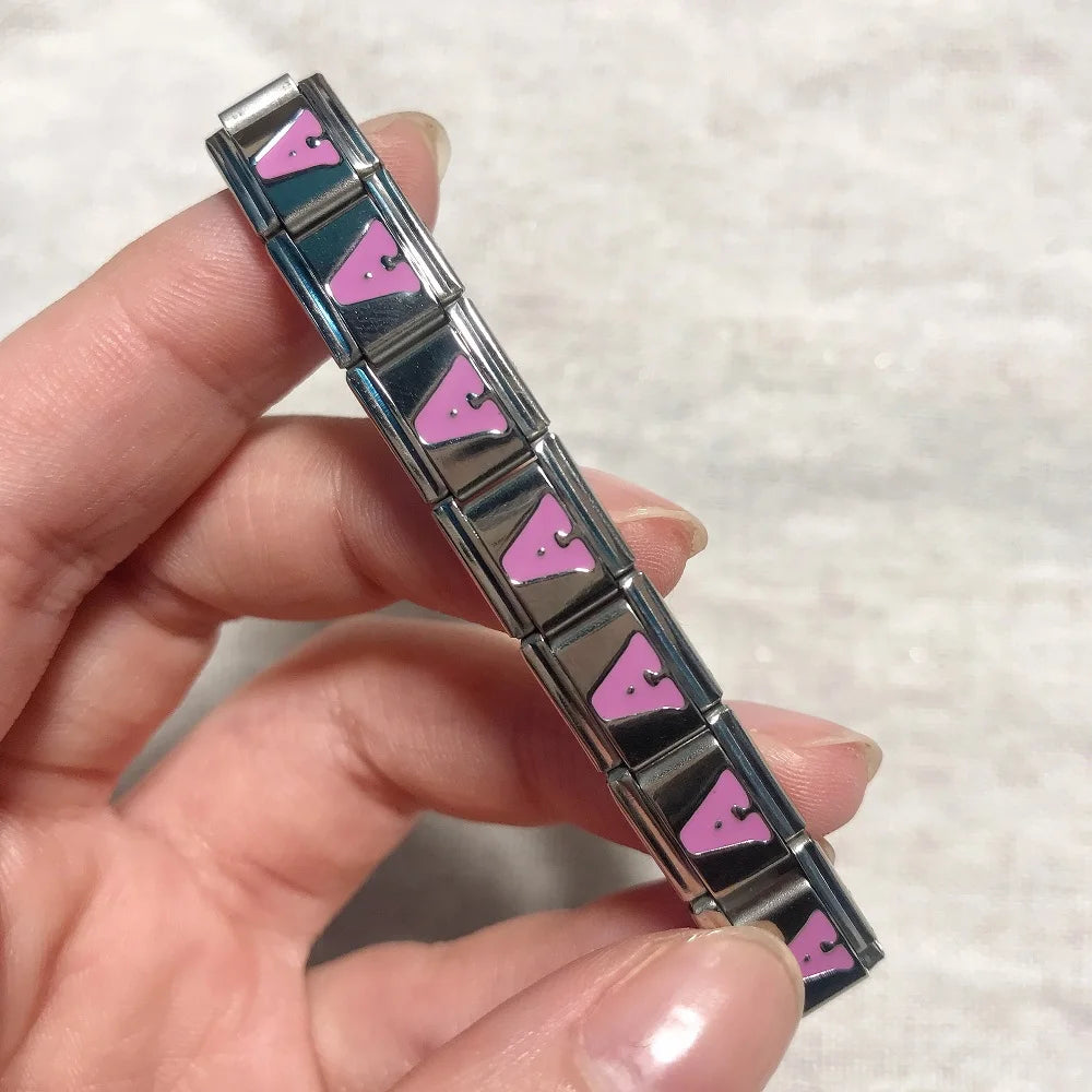 2024 New Fashion Pink 26 English Letters A-Z Italian Links Charm Fit 9mm Stainless Steel Women Men Bracelet Jewelry DIY Making