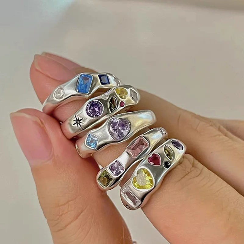 Colorful Zircon Rings for Women Irregular Matte Metal Ring Retro Personality Index Finger Jewelry Hip Hop Girls Accessories Gift