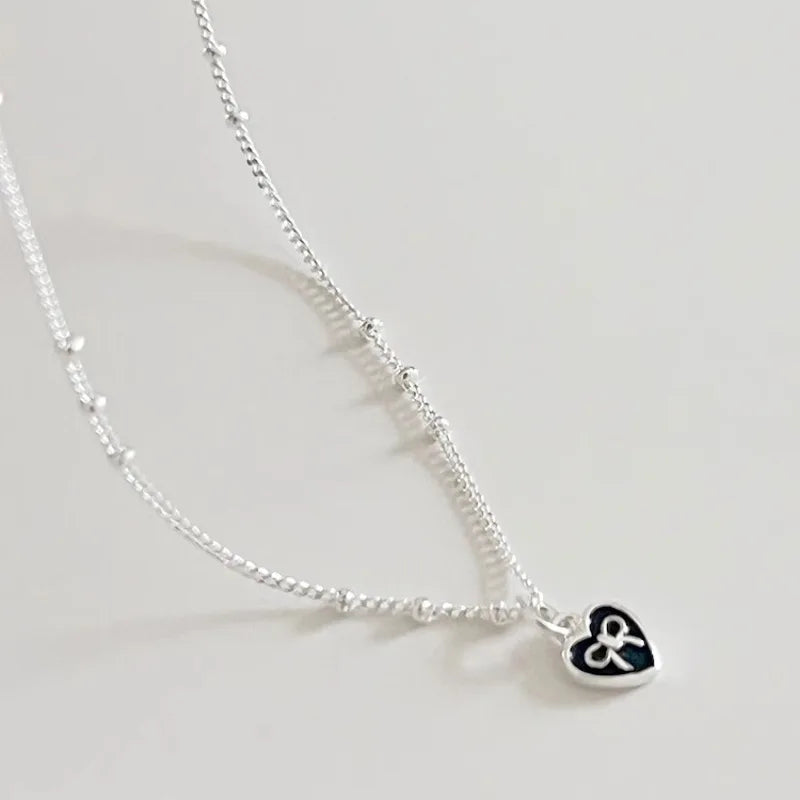 VENTFILLE 925 Sterling Silver Love Heart Necklace for Women Girl Black Drop Glaze Bow Knot Bead Jewelry Sweet Gift Dropshipping