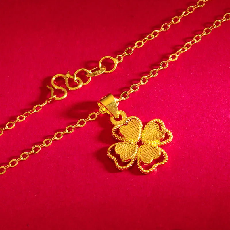 14 K Gold Color Lucky Clover Pendant Necklace for Women Fine Jewelry Genuine Solid Gold Color for Women Wedding Luxury Jewelry