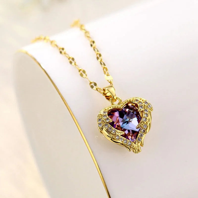 Luxury Colorful Crystal Ocean Heart Pendant Necklace For Women Korean Fashion Stainless Steel Neck Chain Female Wedding Jewelry