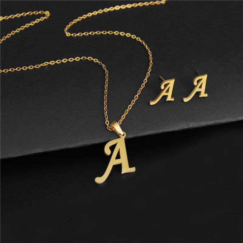 New Simple Gold Color A-Z 26 Letters Initial Pendant Necklace Set for Women Couple Stainless Steel Alphabet Name Chain Choker