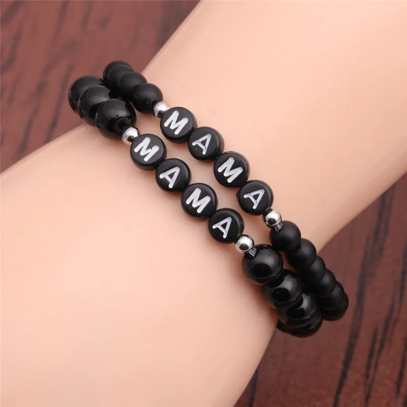 FTCY Couple's Black Obsidian Bracelets MAMA DAD Mother Father Chains in Hand Valentine's Present Blackstone Beads Jewelry Gift