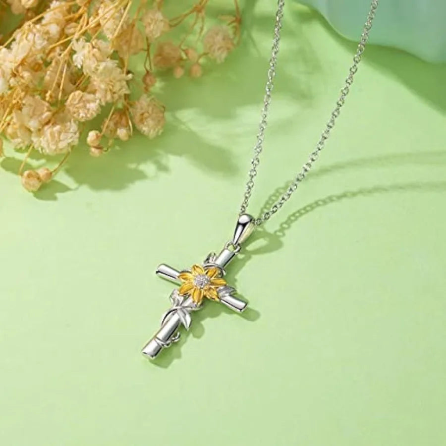 1pc Trendy Creative Sunflower Cross Pendant Necklace, Sunflower Necklace Jewelry,Birthday Party Anniversary Gift Best-selling