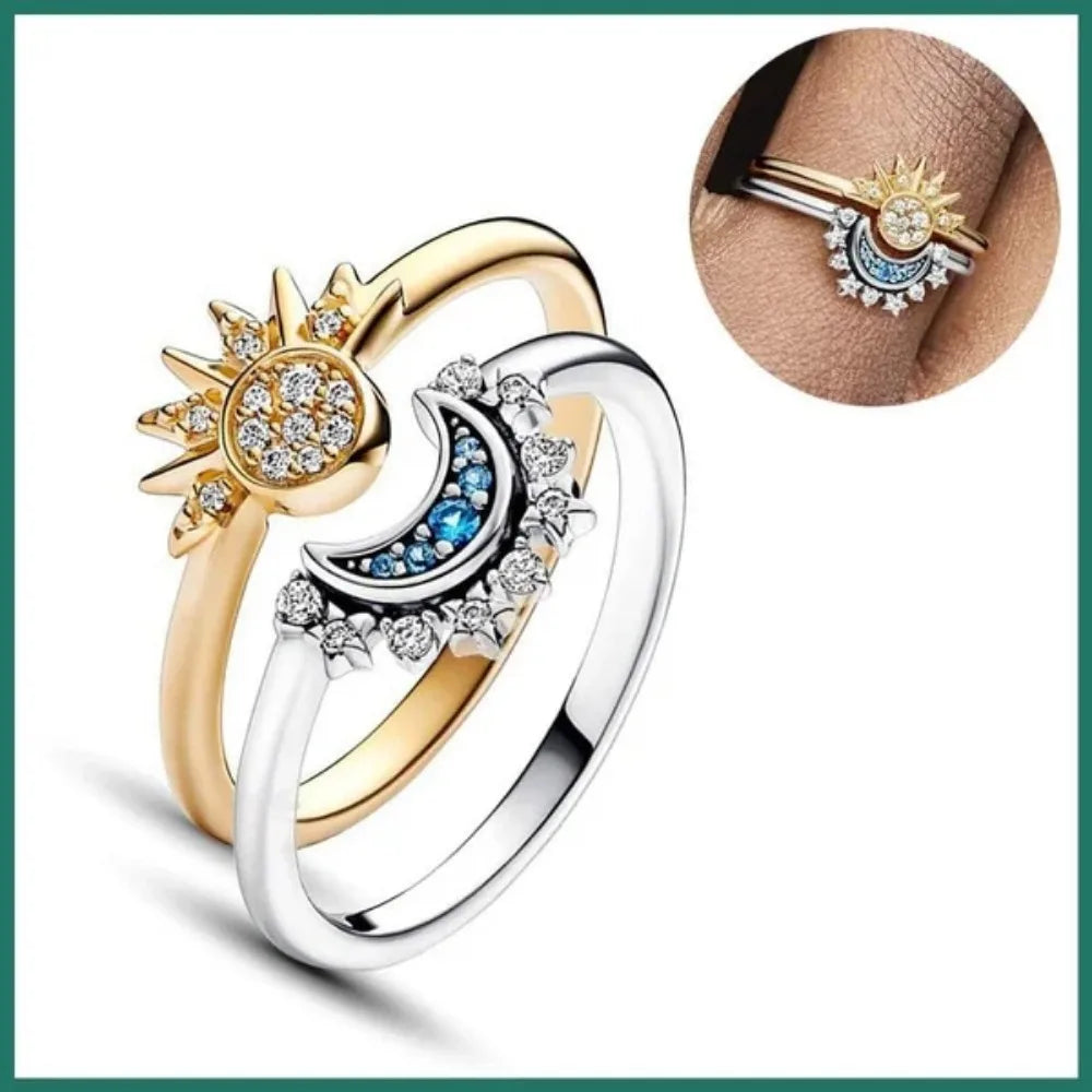 1 Pair Celestial Sun and Moon Ring Set for Women 14K Gold/Silver Plated Sparkling Sun and Moon Rings