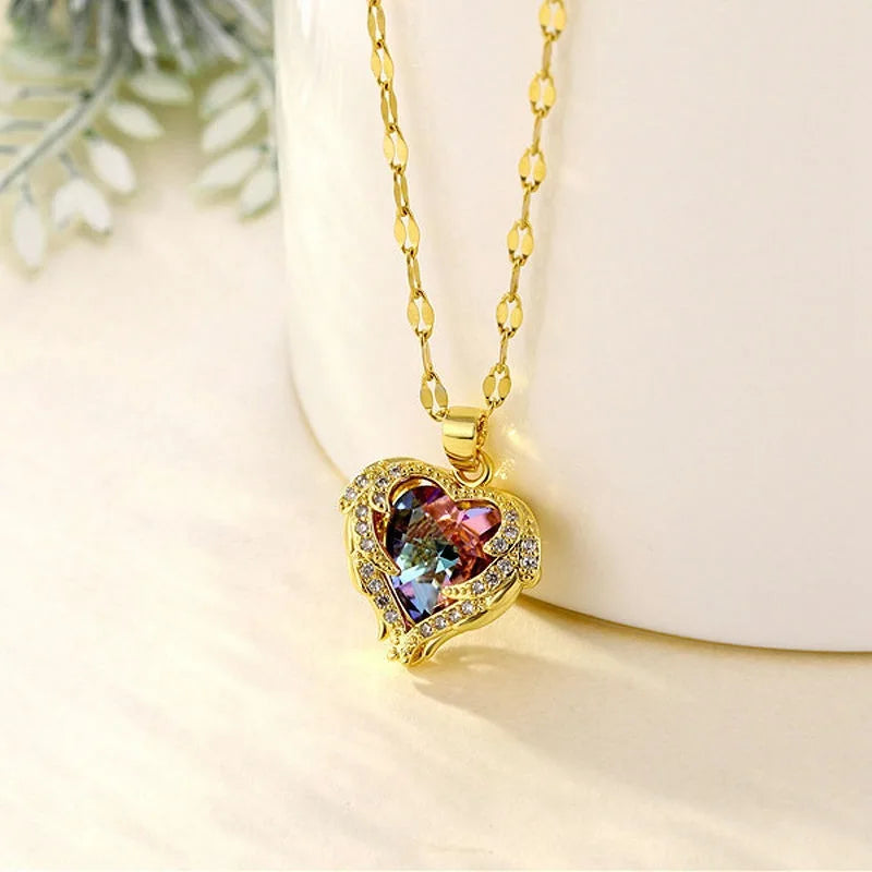 Luxury Colorful Crystal Ocean Heart Pendant Necklace For Women Korean Fashion Stainless Steel Neck Chain Female Wedding Jewelry