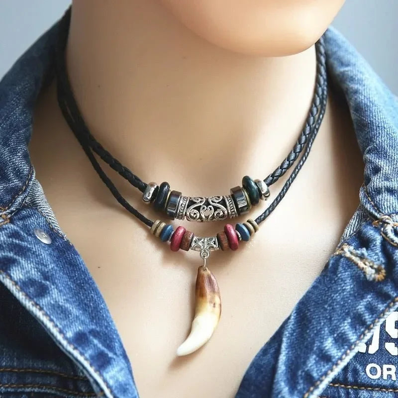 Fashion Men Women's Goth Multi-layer Vintage Wolf Tooth Pendant Leather Beaded Weaved Prayer Necklace Fashion Jewelry Necklaces