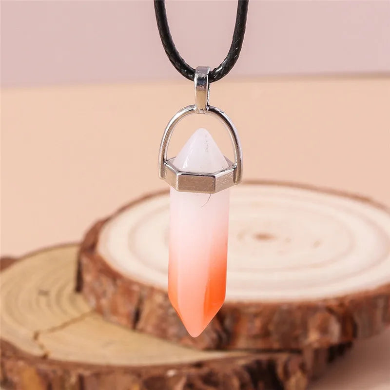 Natural Stone Quartz Lapis Opal Amethyst Pink Crystal Stone Hexagonal Column Pendant Necklaces Leather Chain Bullet Necklace