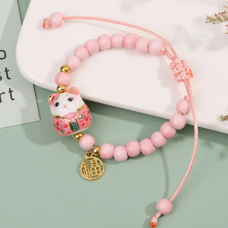 Cute Lucky Cat Bracelet For Girls Adjustable Colorful Beaded Bracelets Harajuku Ceramics Cat Pendant Charm Bracelets Jewelry