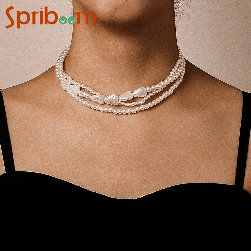 Multi-Layer Pearl Necklace for Woman Elegant Chokers Retro Neck Chain Imitation Pearls Heart Necklace Wedding Party Lady Jewelry