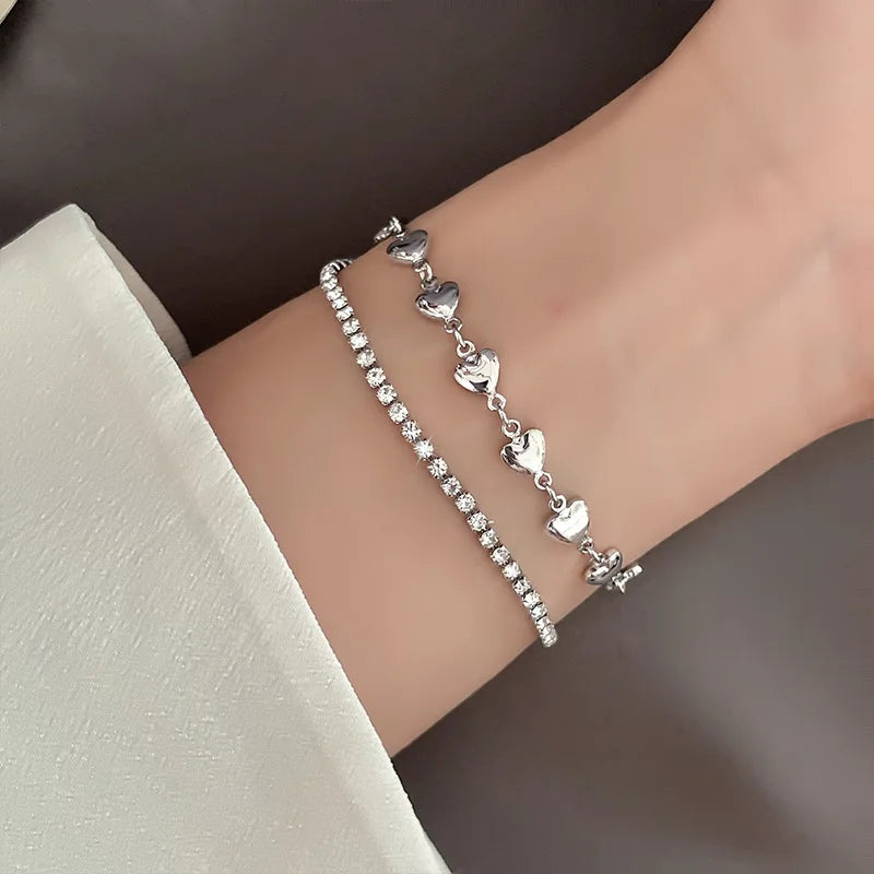 VENTFILLE 925 Sterling Silver Double Love Heart Hollow Round Beads Bracelet Female Fashion Romantic Jewelry Classic Adjustable