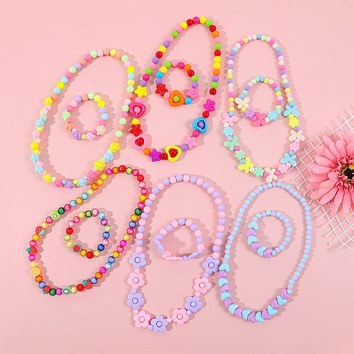 Makersland Children's Beaded Flower Bracelet Colorful Acrylic Flower Necklace Girls Children's Jewelry Sets Wholesale