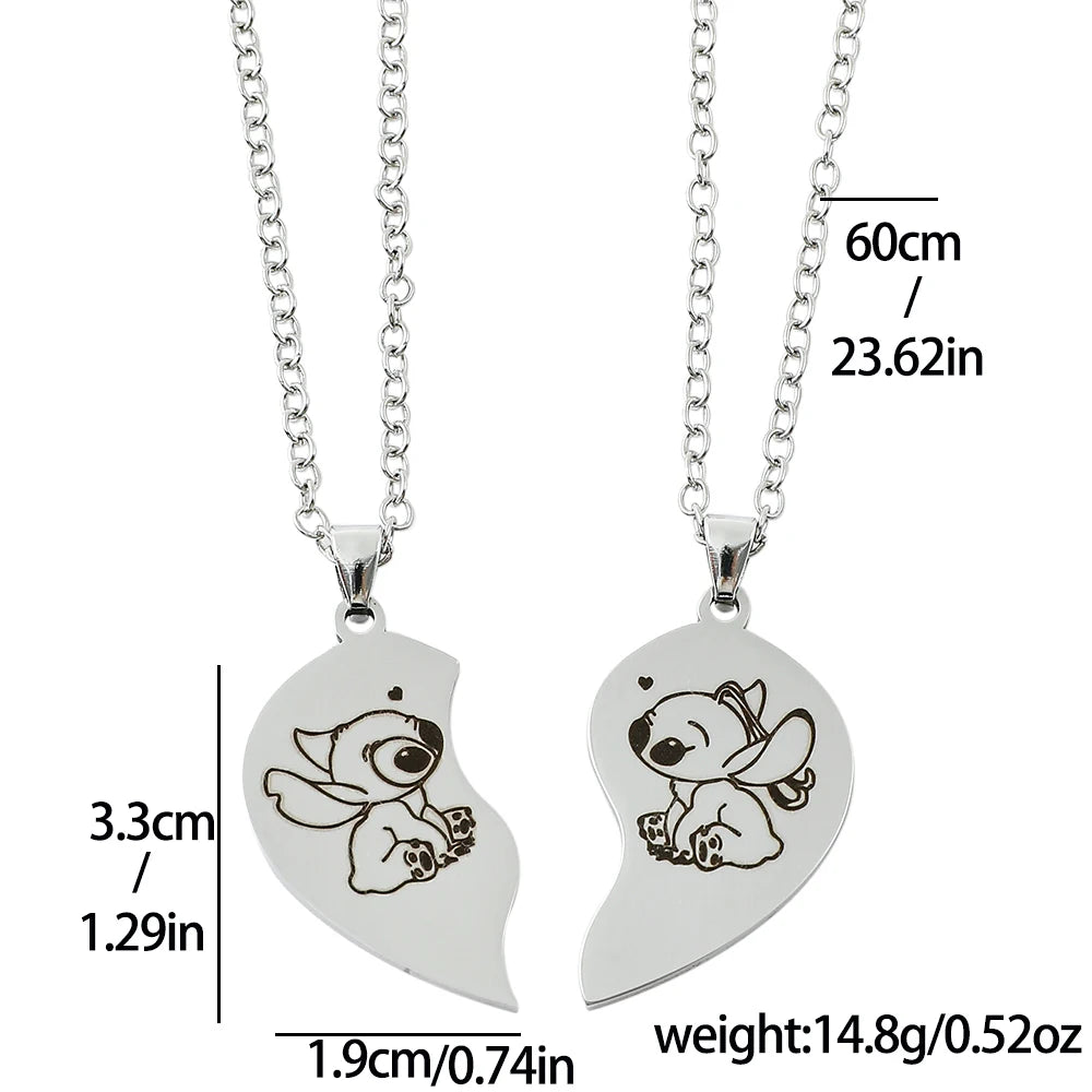 Disney Lilo and Stitch Necklace Fashion Cartoon Cute Heart-shaped Stainless Steel Pendant Couple Jewelry Accessories Gifts