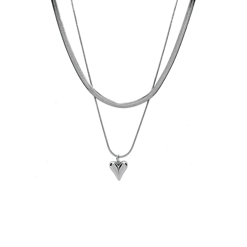 Double Layered Love Heart Pendant Necklace for Women Simple Neck Chain Jewelry