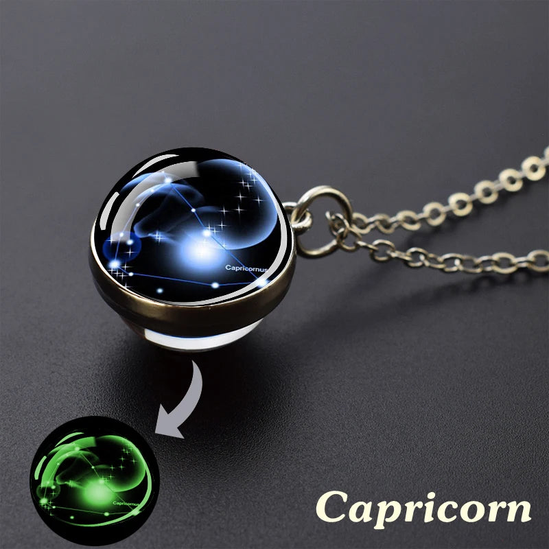 12 Constellation Necklace Starry Sky Luminous Zodiac Glass Ball Pendant Necklace Christmas Gift for Men Women