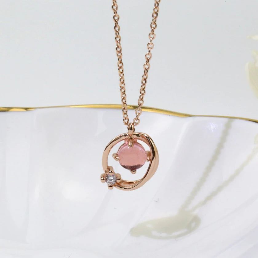 Pink Planet Meteor Shower Key Pendant Necklace Tiny Rose Gold Color Clavicle Chain Collar for Women Friendship Jewelry