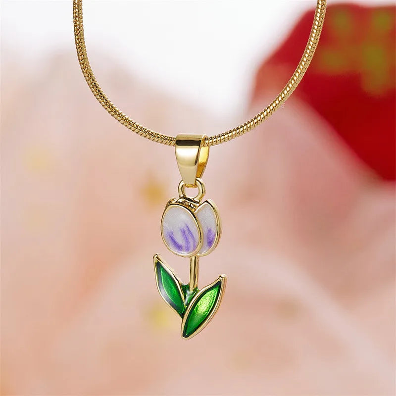 Vintage Elegant Enamel Tulip Flower Pendant Necklace For Women Fashion Young Girls Personality Accessories Clavicle Chain Choker