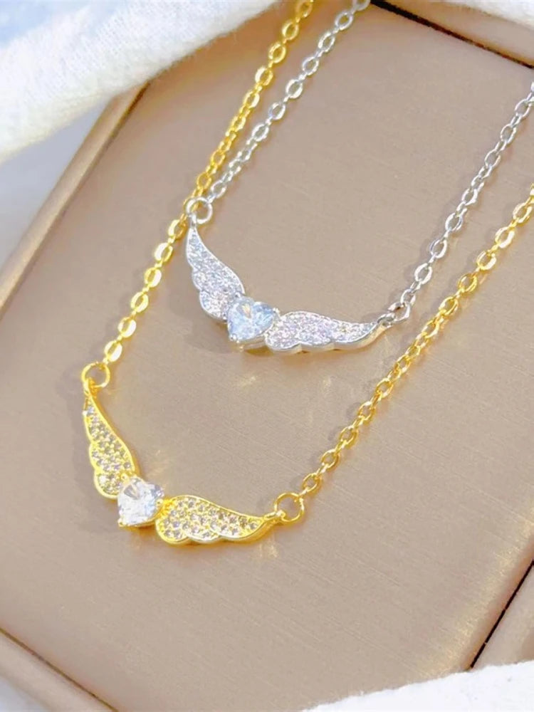 Fashion White Romantic Heart Shape Lucky Angel Wings Necklace Classic Personality Design Stainless Steel Clavicle Chain Pendant