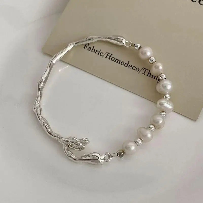 Silver Color Chain Splicing Pearl Bracelet for Women Simple Korean Irregular Imitation Pearl Bracelet Jewelry Birthday Gift