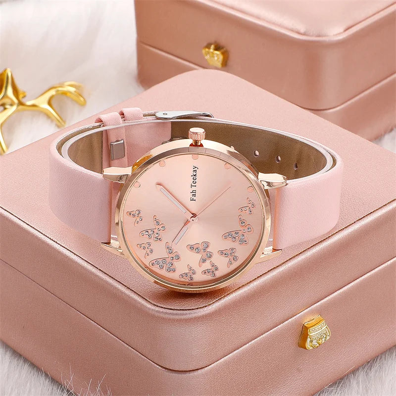 2pcs Set Womens Butterfly Watches Ladies Fashion Watch New Simple Casual Women Analog WristWatch Bracelet Gift