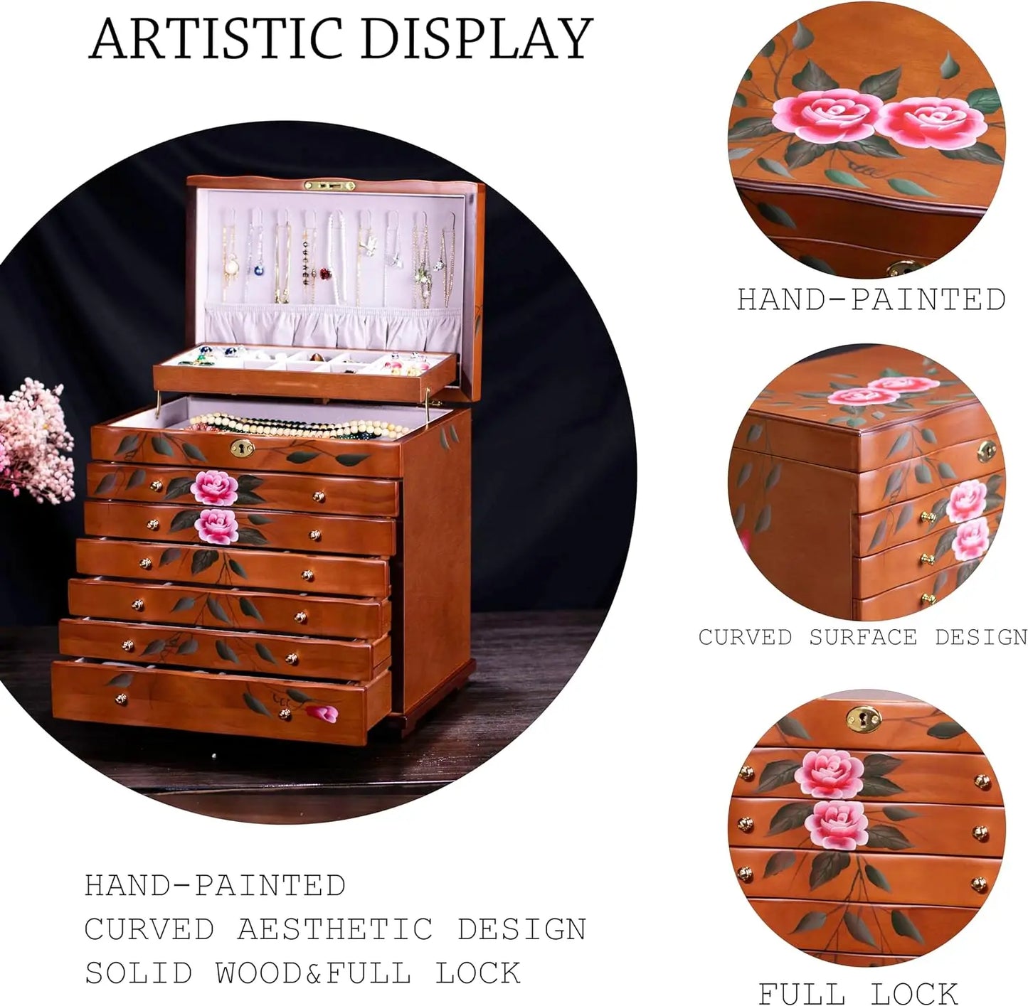 Hand-Painted Wooden Jewelry Box,jewelry boxes for women large,jewlrey box&organizers with necklace hanger,jewerly organizer