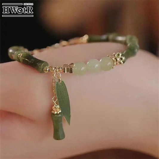 1Pcs Handmade Green Color Natural Stone Bamboo Joint Leaves Tassel Beads Strand Beaded Bracelet for Women  Accessories