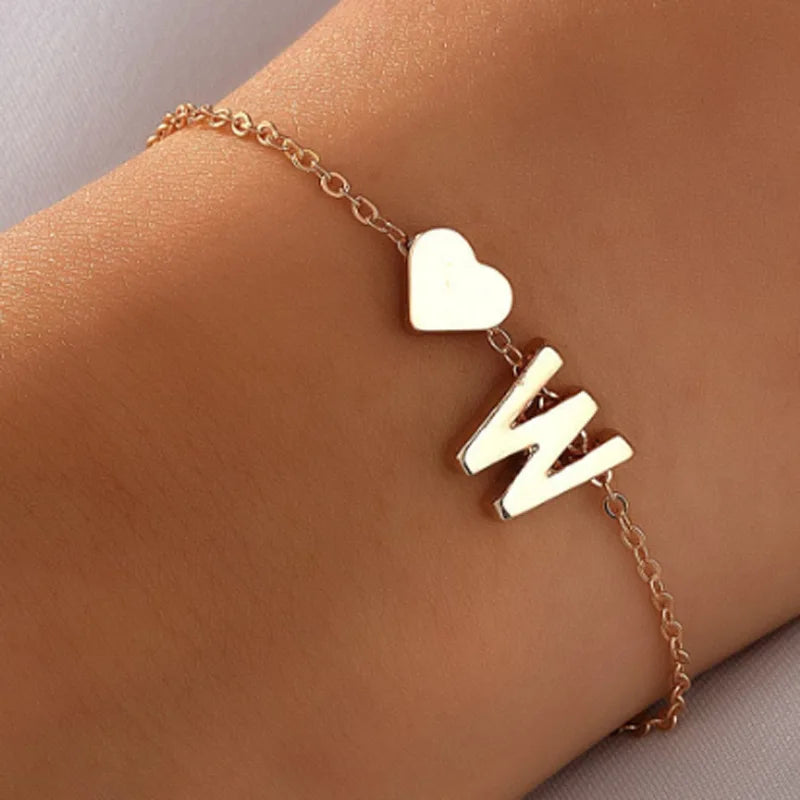 26 English Initial Letter Bracelets for Lovers Women Men DIY Personalized Name Alloy Heart-shaped Bracelets Jewelry Anniversary