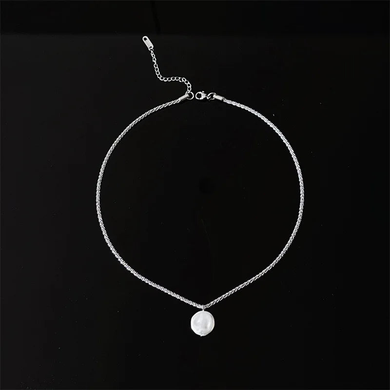 Baroque Button Pearl Pendant Necklace for Women Fashion Silver Color Stainless Steel No Fade Sparkling Clavicle Chain Jewelry