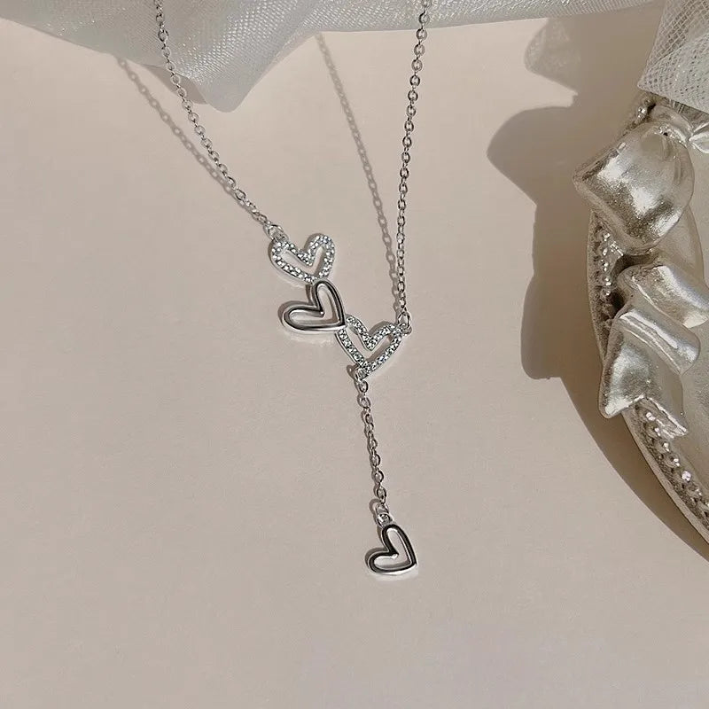 925 Sterling Silver Hollow Heart Necklace Sparkling Diamond Tassel Pendant Women's Clavicle Chain Wedding Jewelry Accessories