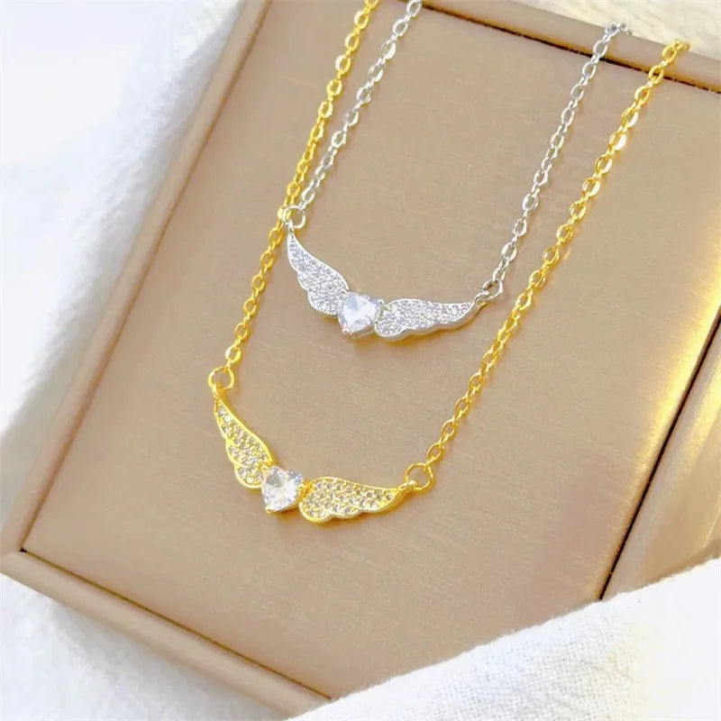 Fashion White Romantic Heart Shape Lucky Angel Wings Necklace Classic Personality Design Stainless Steel Clavicle Chain Pendant