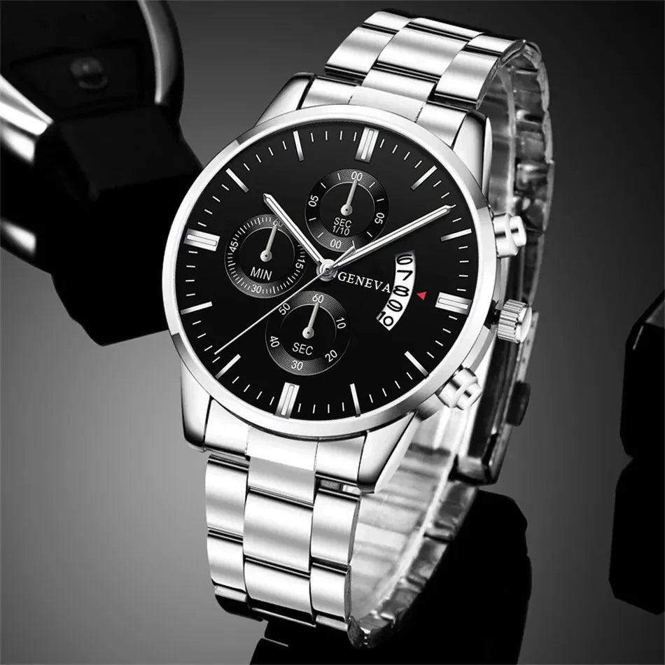 3PCS Set Fashion Mens Business Calendar Watches Men Casual Silver Bracelet Wings Necklace Stainless Steel Quartz Wrist Watch