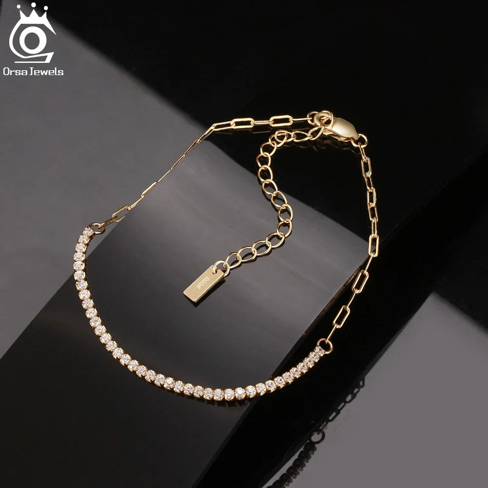 ORSA JEWELS 14K Gold Plated Paperclip Chains Tennis Bracelet For Women 925 Sterling Silver Handmade Bracelets Jewelry SB141