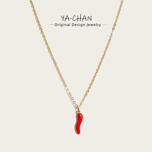 YACHAN Minimalist 18K Gold Plated Stainless Steel Chains Necklace for Women Creative Enamel Red Hot Pepper Pendant Cute Jewelry