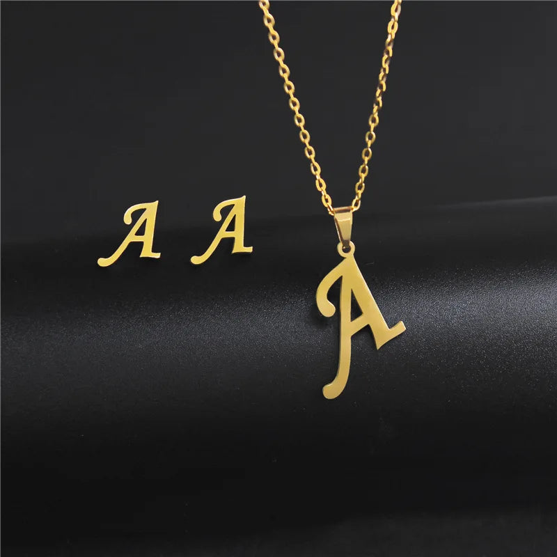 New Simple Gold Color A-Z 26 Letters Initial Pendant Necklace Set for Women Couple Stainless Steel Alphabet Name Chain Choker