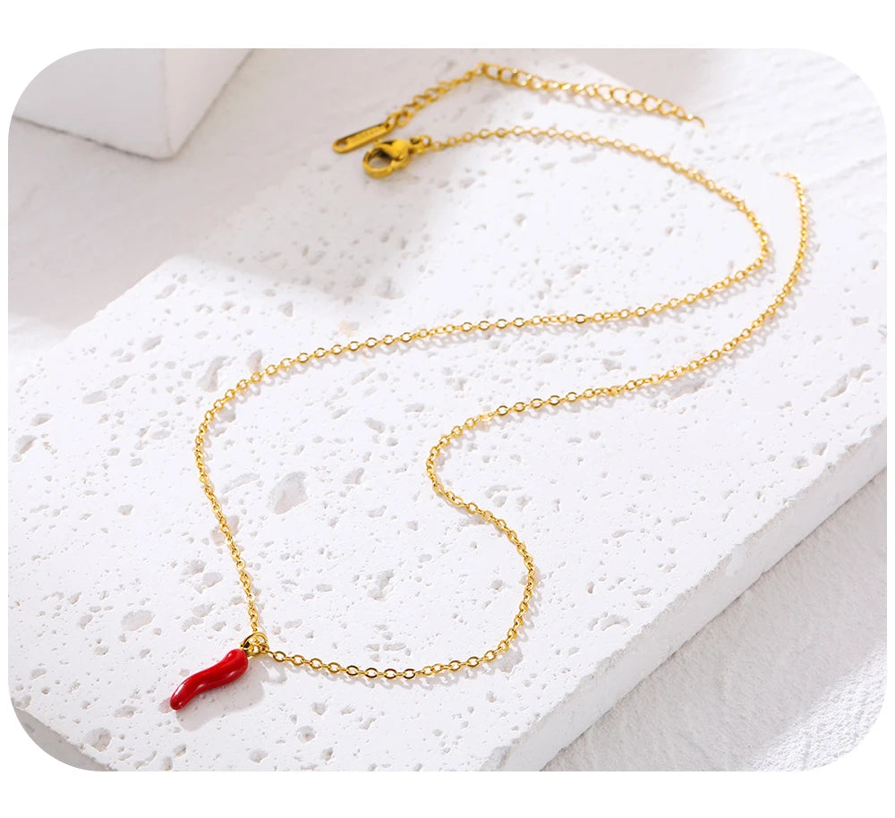 YACHAN Minimalist 18K Gold Plated Stainless Steel Chains Necklace for Women Creative Enamel Red Hot Pepper Pendant Cute Jewelry