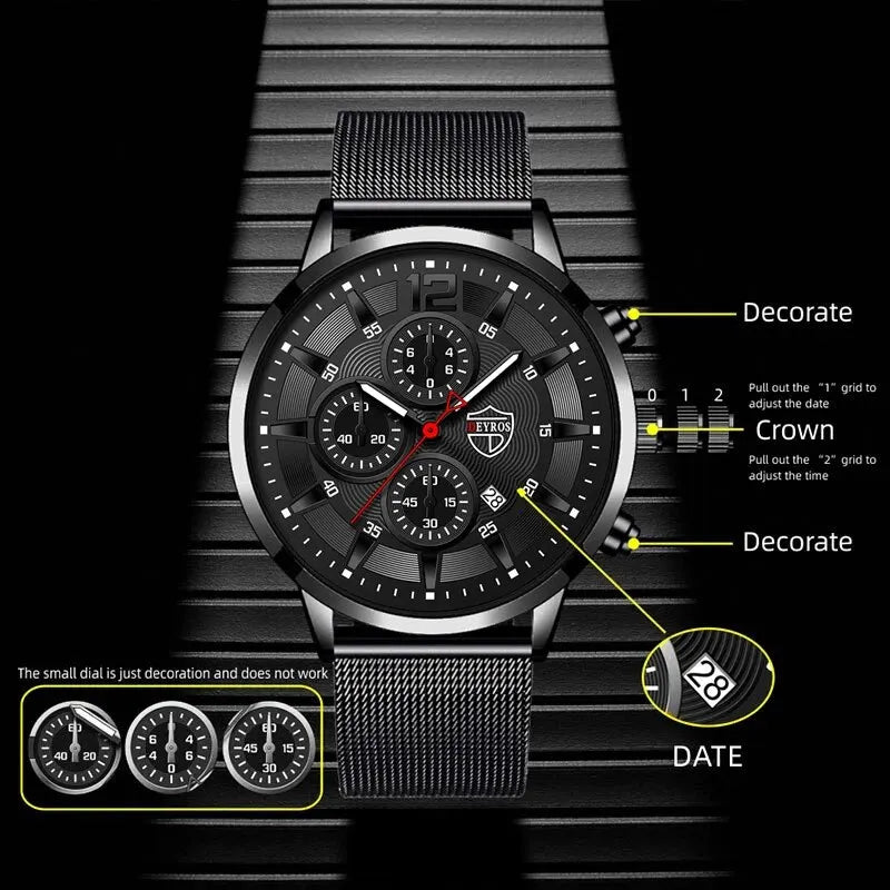 DEYROS Mens Fashion Minimalist Watches Men Business Casual Quartz Watch Simple Male Stainless Steel Mesh Band Clock Reloj Hombre