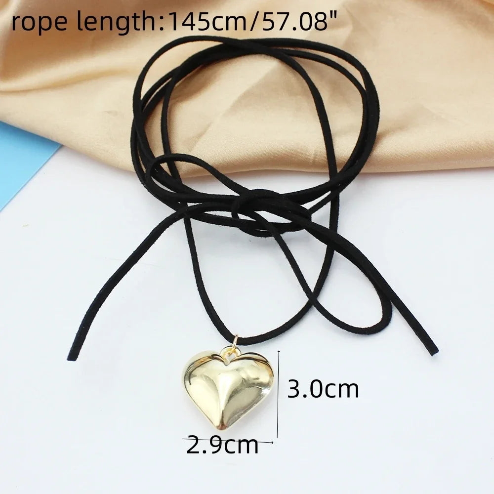 Goth Black Velvet 30mm Big Heart Pendant Choker Necklace Women Diy Weave Knotted Bowknot Adjustable Chain Jewelry