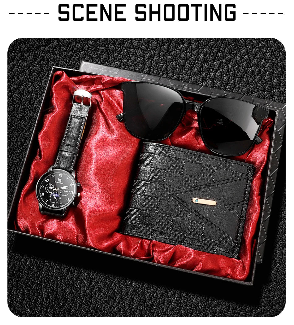 Fashion Mens Watches Wallet Glasses For Men Retro Black Bussiness Quartz Watch Male Casual Watch Relogio Masculino