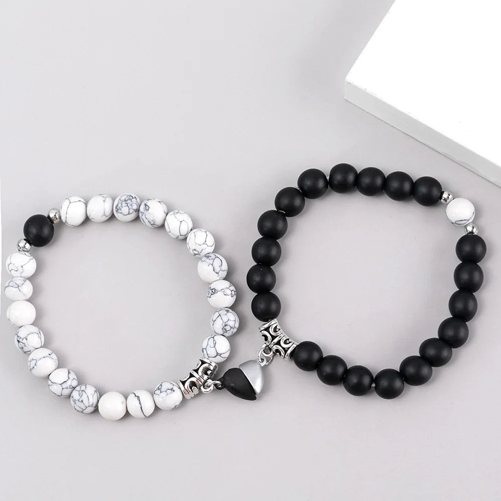 2Pcs/Set Natural Stone Beaded Heart Magnet Attraction Couple Bracelets For Women Men Simple Love Relationship Bracelet Jewelry