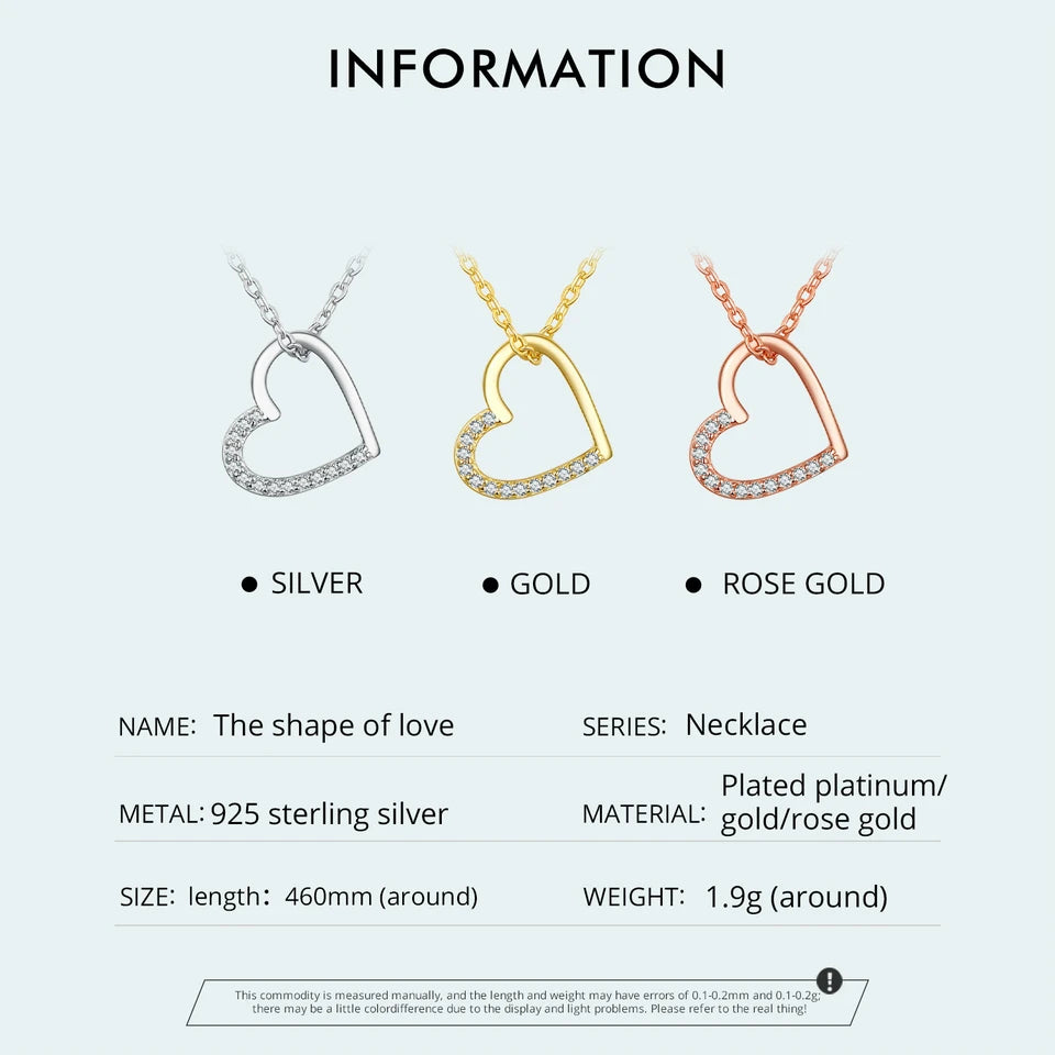 BAMOER Genuine 925 Sterling Silver The shape of love Chain Necklace for Women, Godl Plated Heart Necklace 3 Color 18.11''