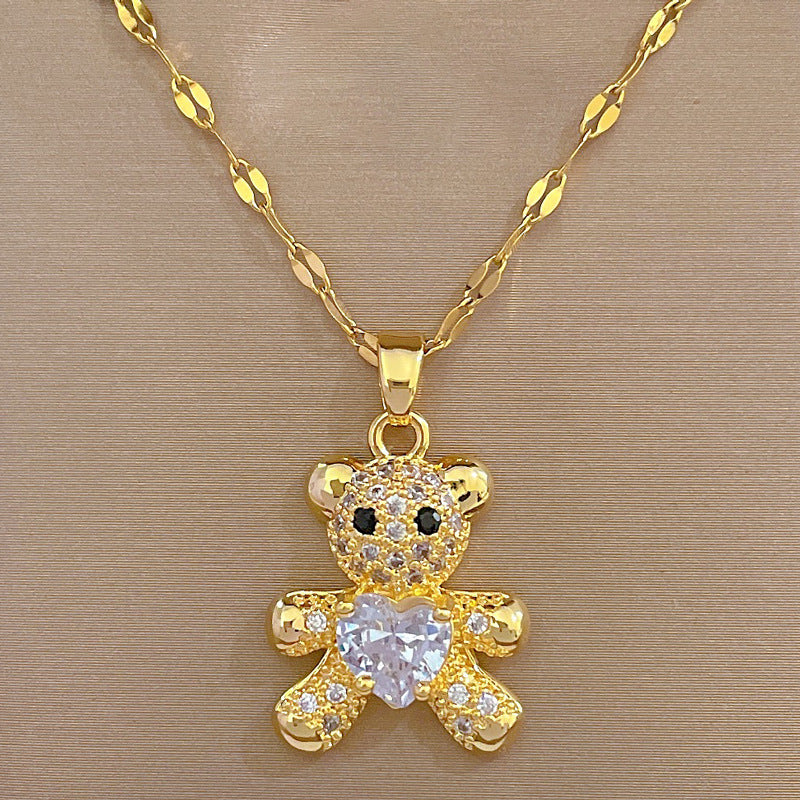 Cute Fashionable Bear Micropaved Rhinestone Pendant Necklace Earrings Set Women's Jewelry Perfect Birthday Gift for Girls Women