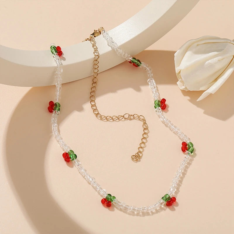 Bohemia Beaded Red Cherry Necklace for Women Cute Handmade Fruits Seed Bead Transparent Chokers Necklaces Boho Jewelry