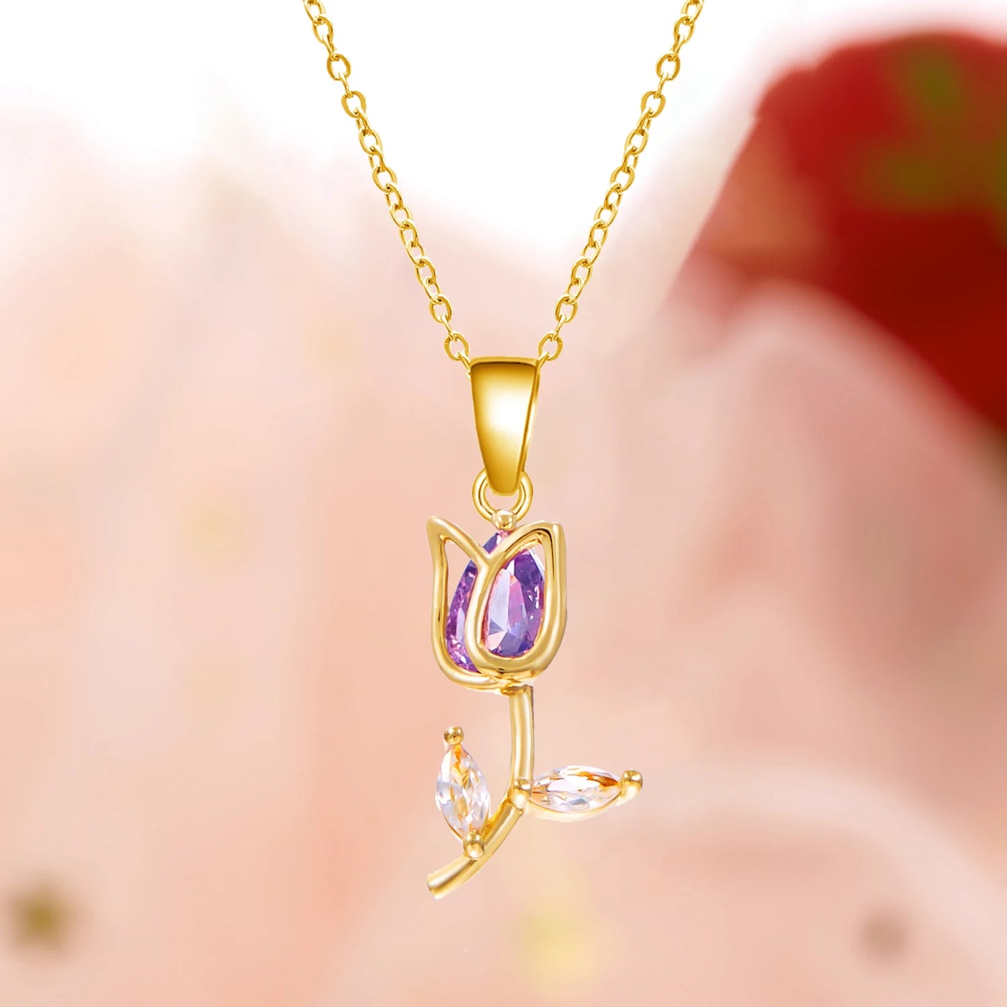 Light Luxury Zircon Tulip Flower Pendant Necklace for Women Elegant Stainless Steel Clavicle Chain Fashion Party Jewelry Gift