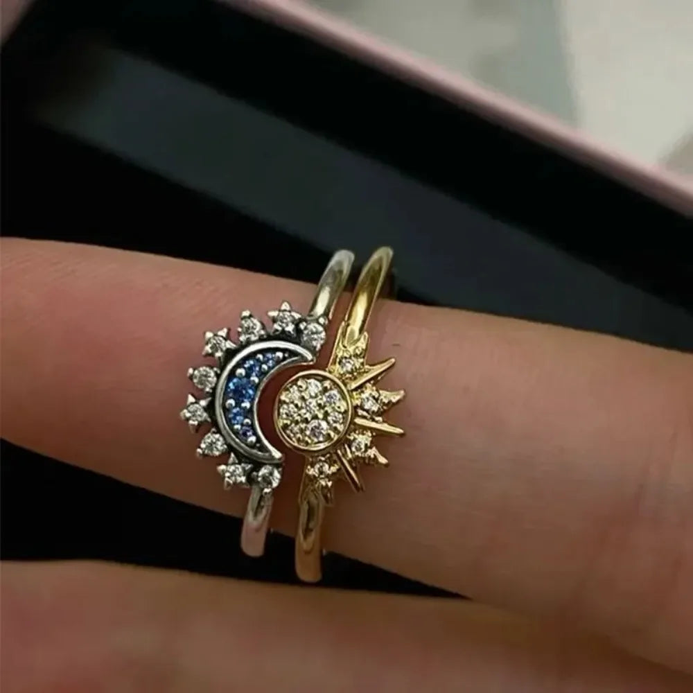 1 Pair Celestial Sun and Moon Ring Set for Women 14K Gold/Silver Plated Sparkling Sun and Moon Rings