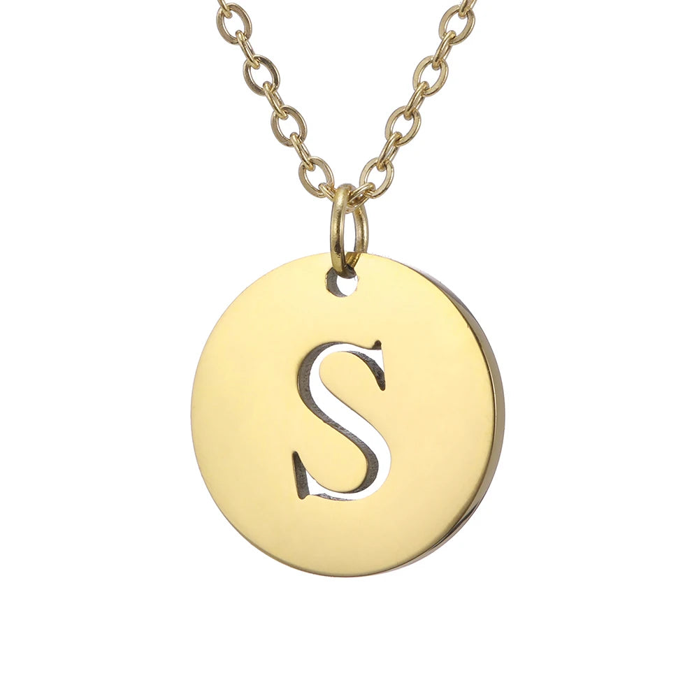 Amaxer Stainless Steel Necklace Fashion Gold Color Initial Charms Metal Round A To Z Letters For Women Single Name Jewelry Gifts