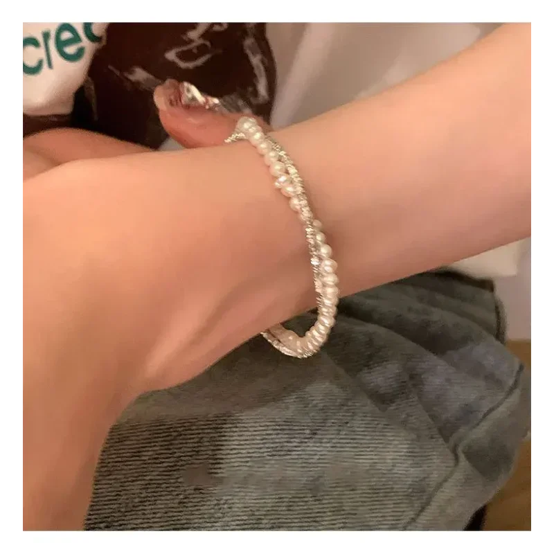 925 Sterling Silver Double Layer Pearl Bracelet for Women Girl Design Bead Korean Jewelry Dropshipping Charm Bracelet