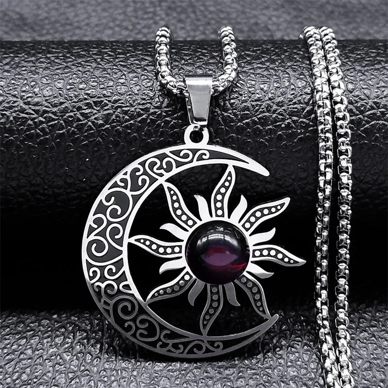 Witch Moon Sun Necklace for Women Men Stainless Steel Stone Occult Luna Crescent Wicca Chain Jewelry collares acero inoxidable