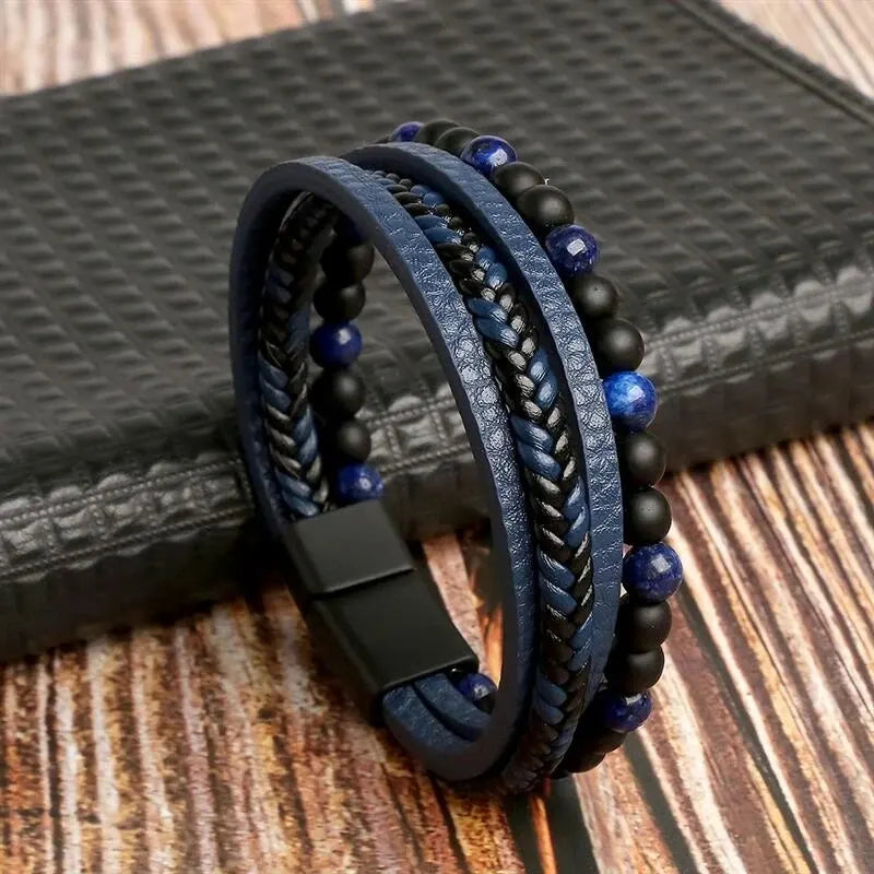 Men Leather Bracelet Classic Fashion Tiger Eye Beaded Multi Layer Leather Bracelet For Men Jewelry Gift