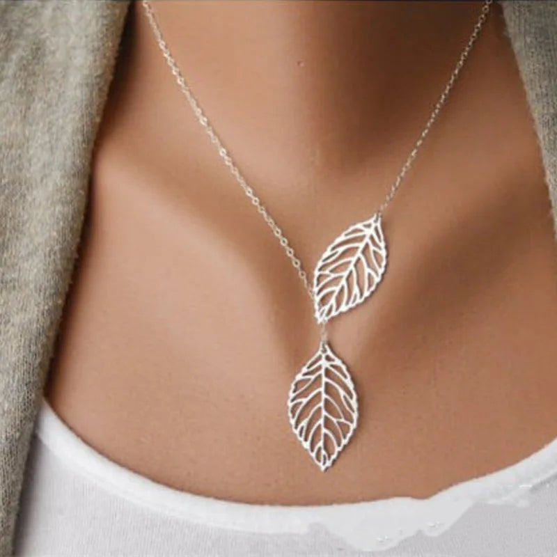 New Fashion Double Leaves Women Boho Simple Alloy Clavicle Necklace Leaf Pendants Necklaces Collares Accessories Jewelry Gift