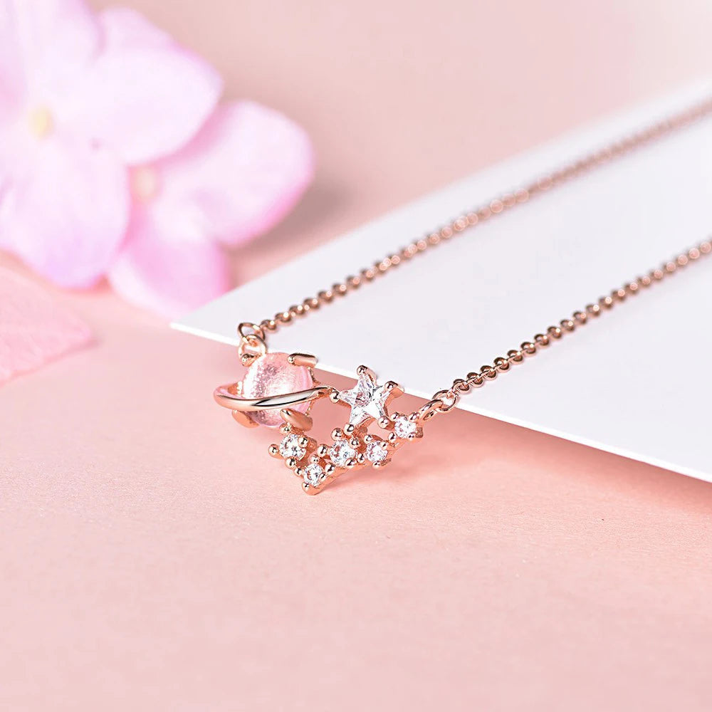 Pink Planet Meteor Shower Key Pendant Necklace Tiny Rose Gold Color Clavicle Chain Collar for Women Friendship Jewelry